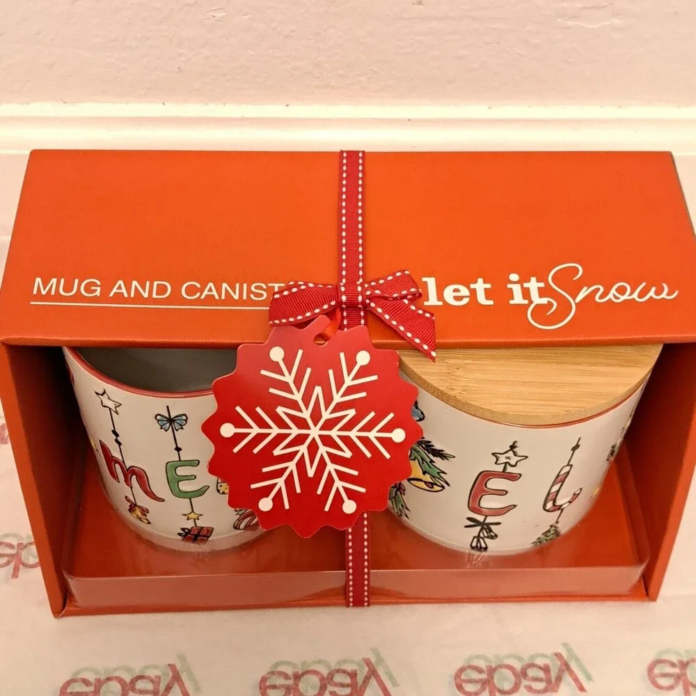NEW Holiday Collection Mug and Canister with Lid Set Let it Snow